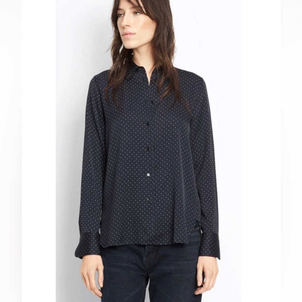 Vince Vintage Polka Dot Slim Fit Button Down Silk Blouse Size XS